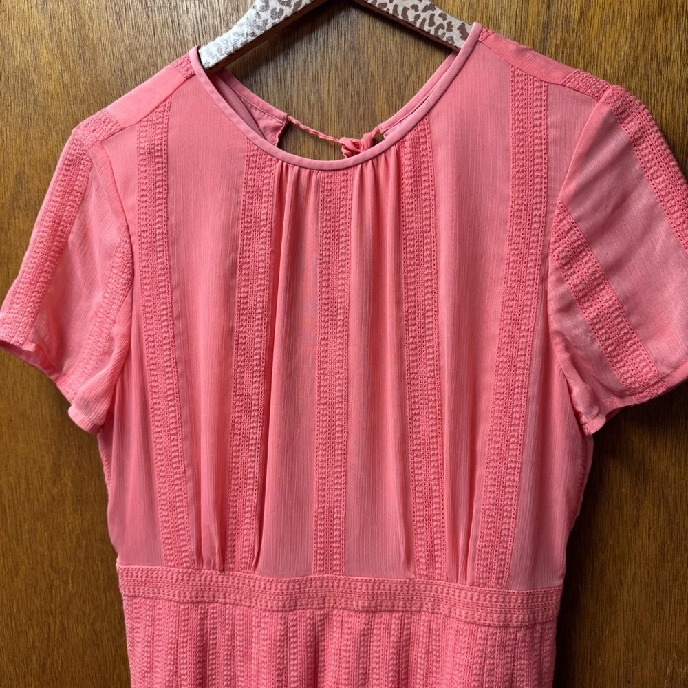 J. Crew Embroidered Flowy Chiffon Short Sleeve Pleated Skirt Midi Dress Pink 6